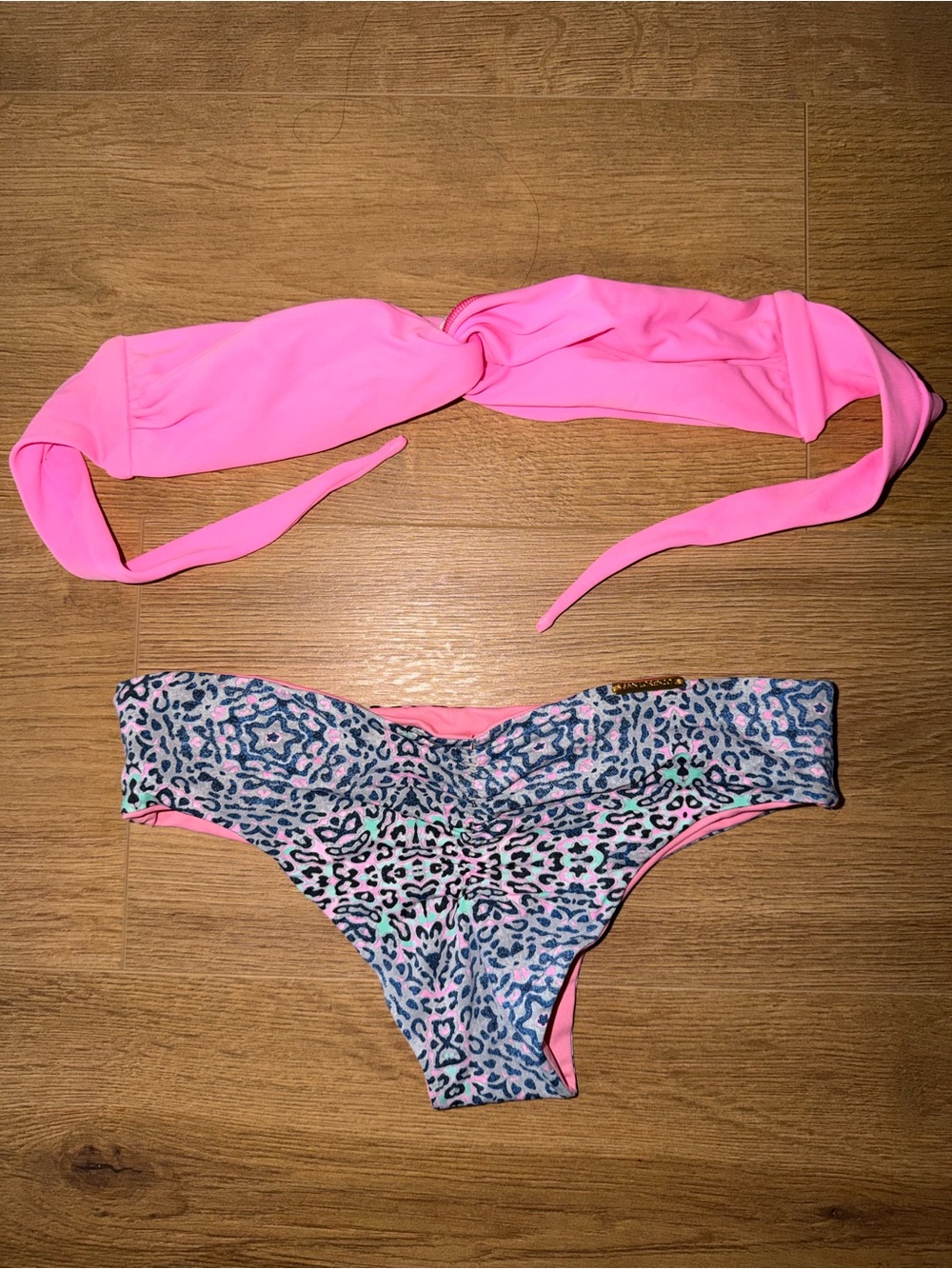 San Lorenzo Pink Twist Bandeau Bikini Top with Multicolor Leopard Print Bottoms